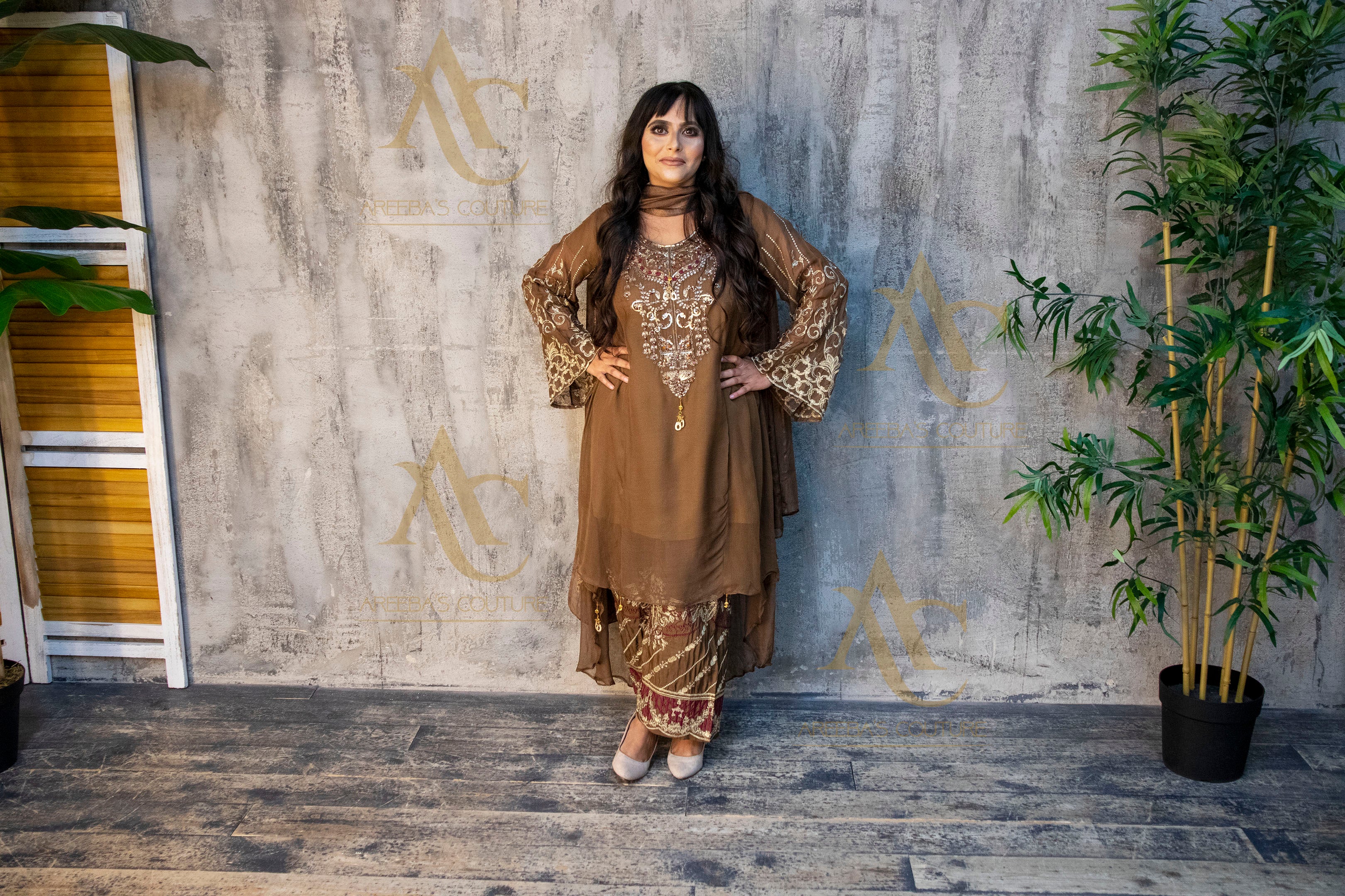 Brown chiffon suit SA23- Areeba's Couture