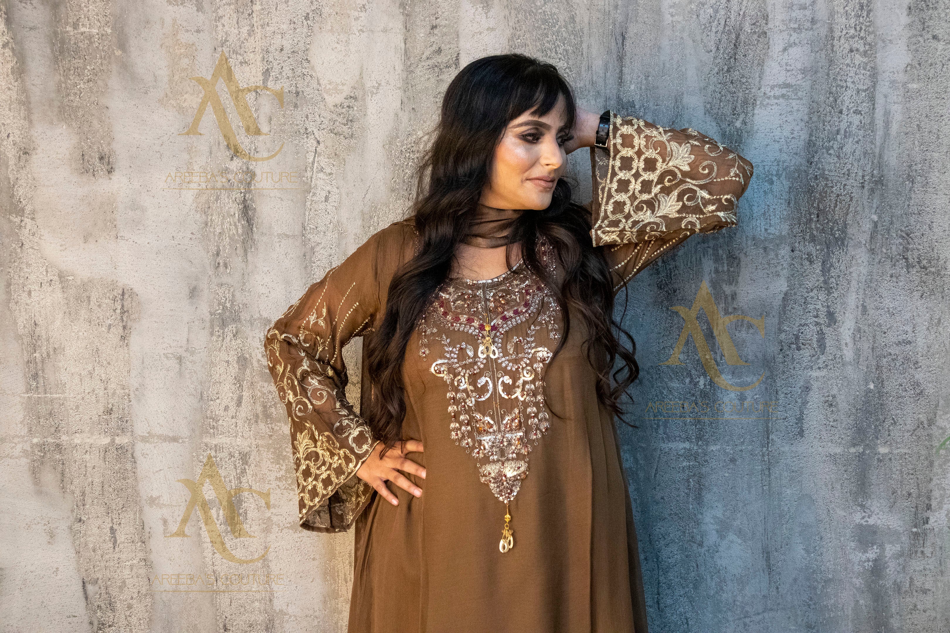 Brown chiffon suit SA23- Areeba's Couture