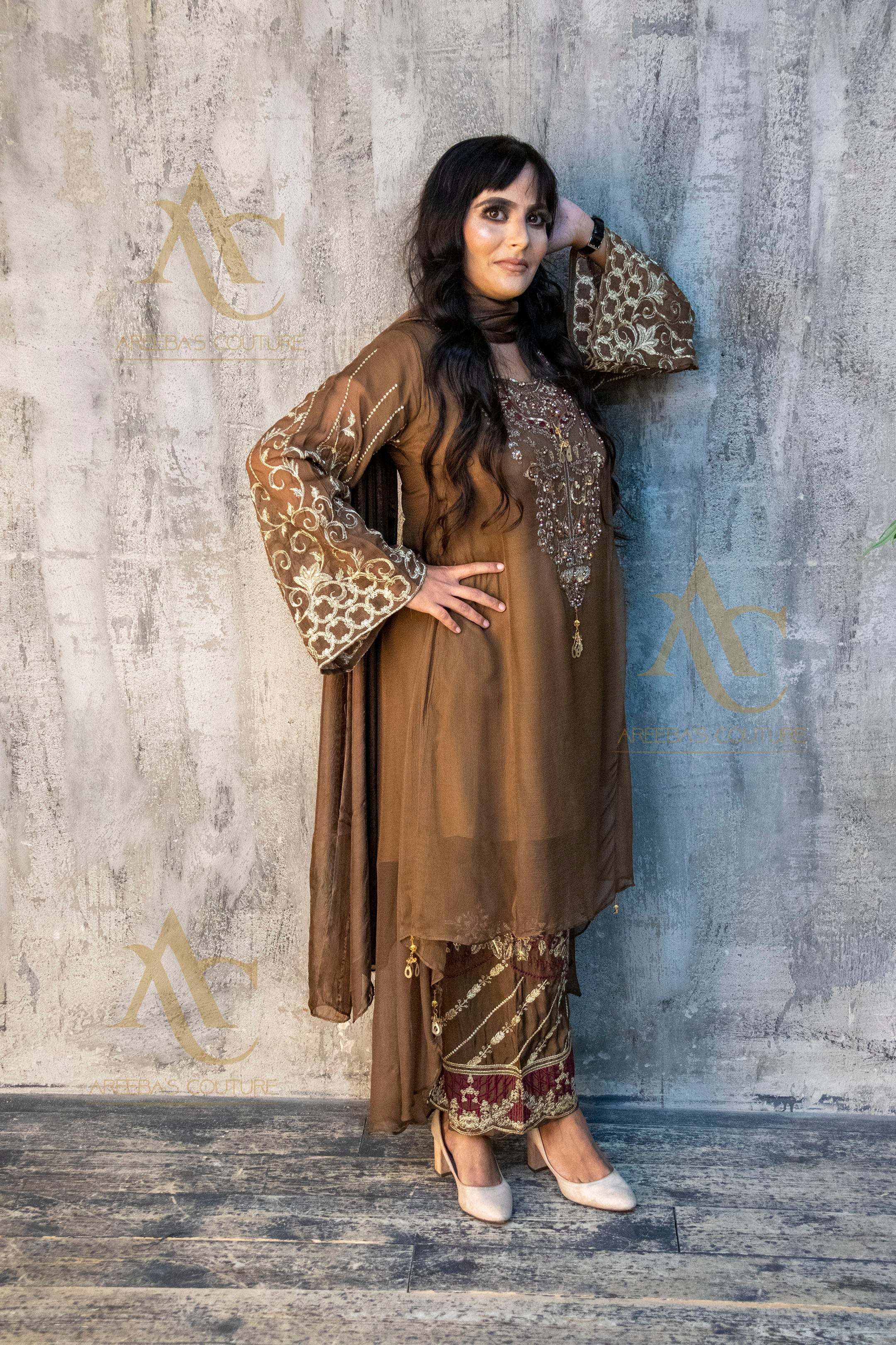 Brown chiffon suit SA23- Areeba's Couture