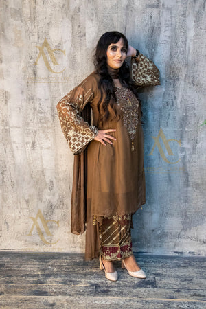 Brown chiffon suit SA23- Areeba's Couture