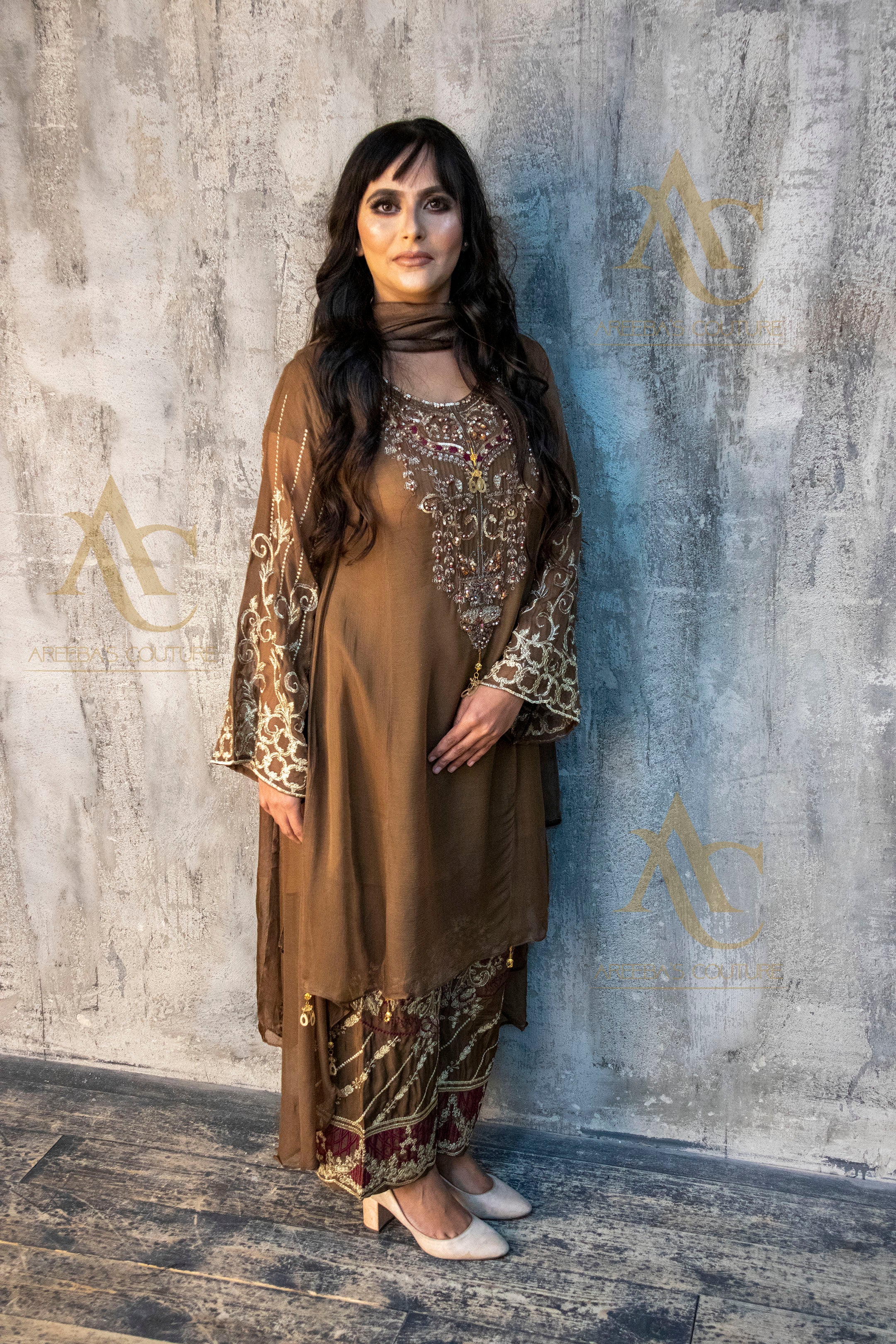 Brown chiffon suit SA23- Areeba's Couture