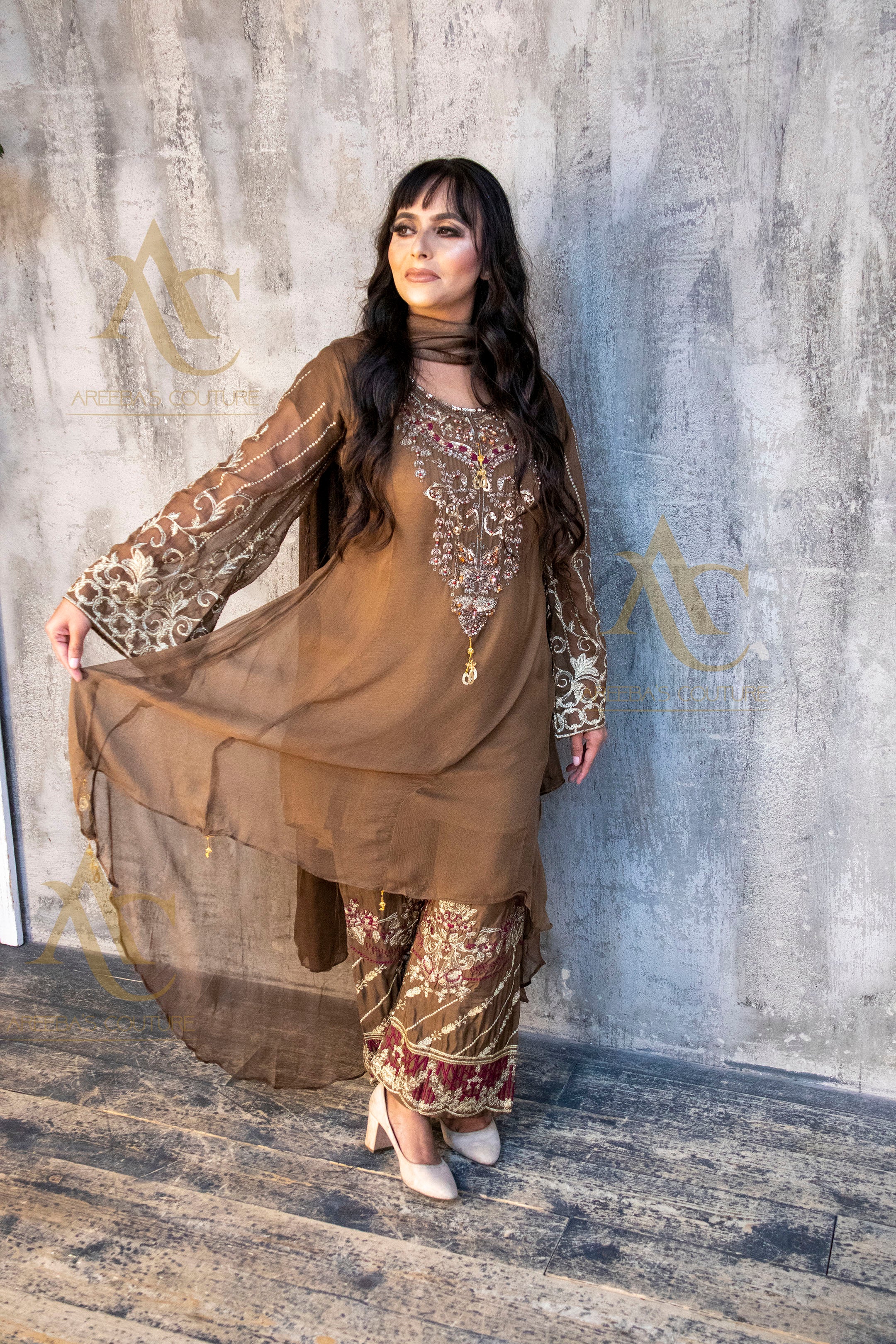 Brown chiffon suit SA23- Areeba's Couture