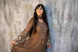 Brown chiffon suit SA23- Areeba's Couture