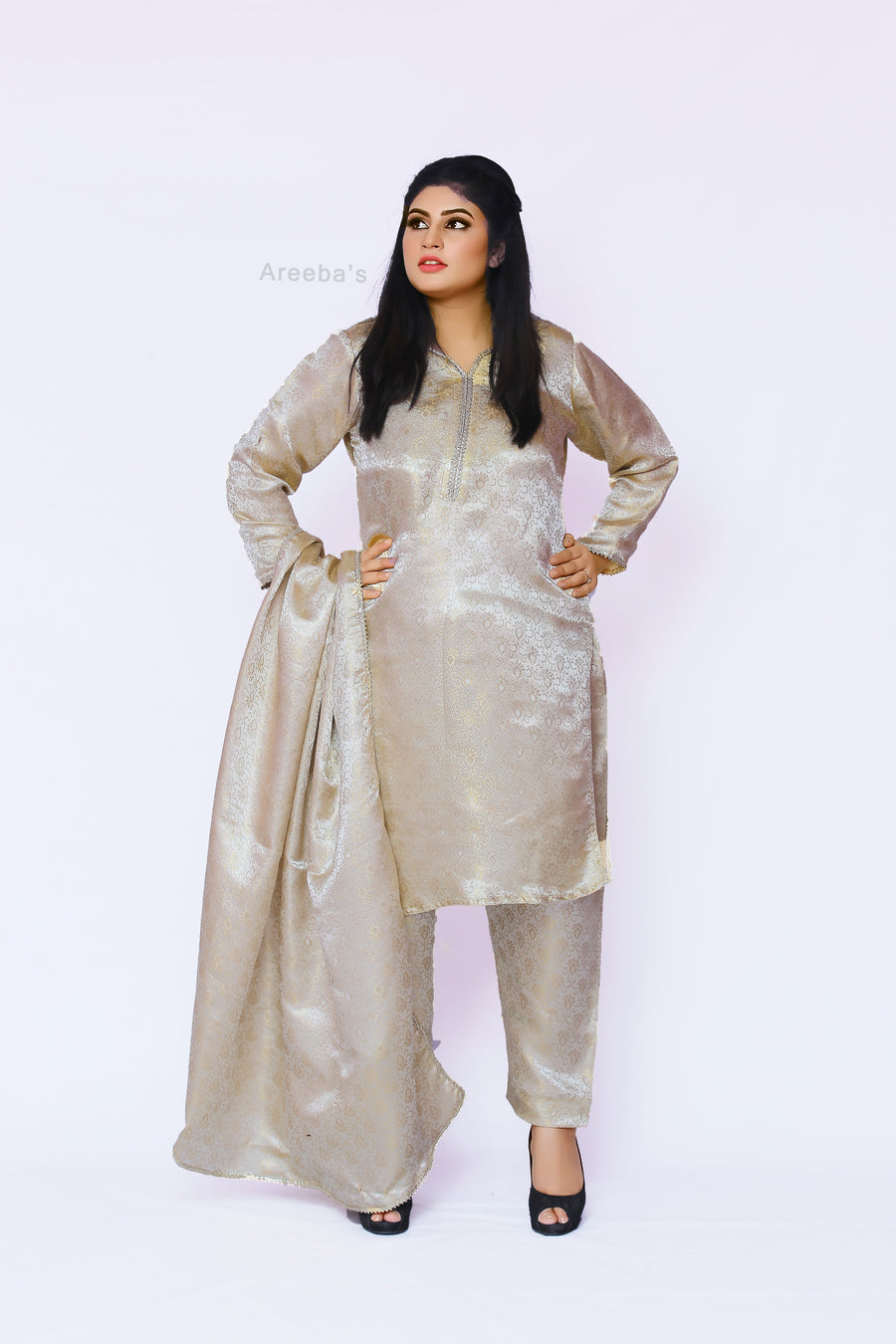 Pale Oyster Banarasi shalwar kameez- Areeba's Couture