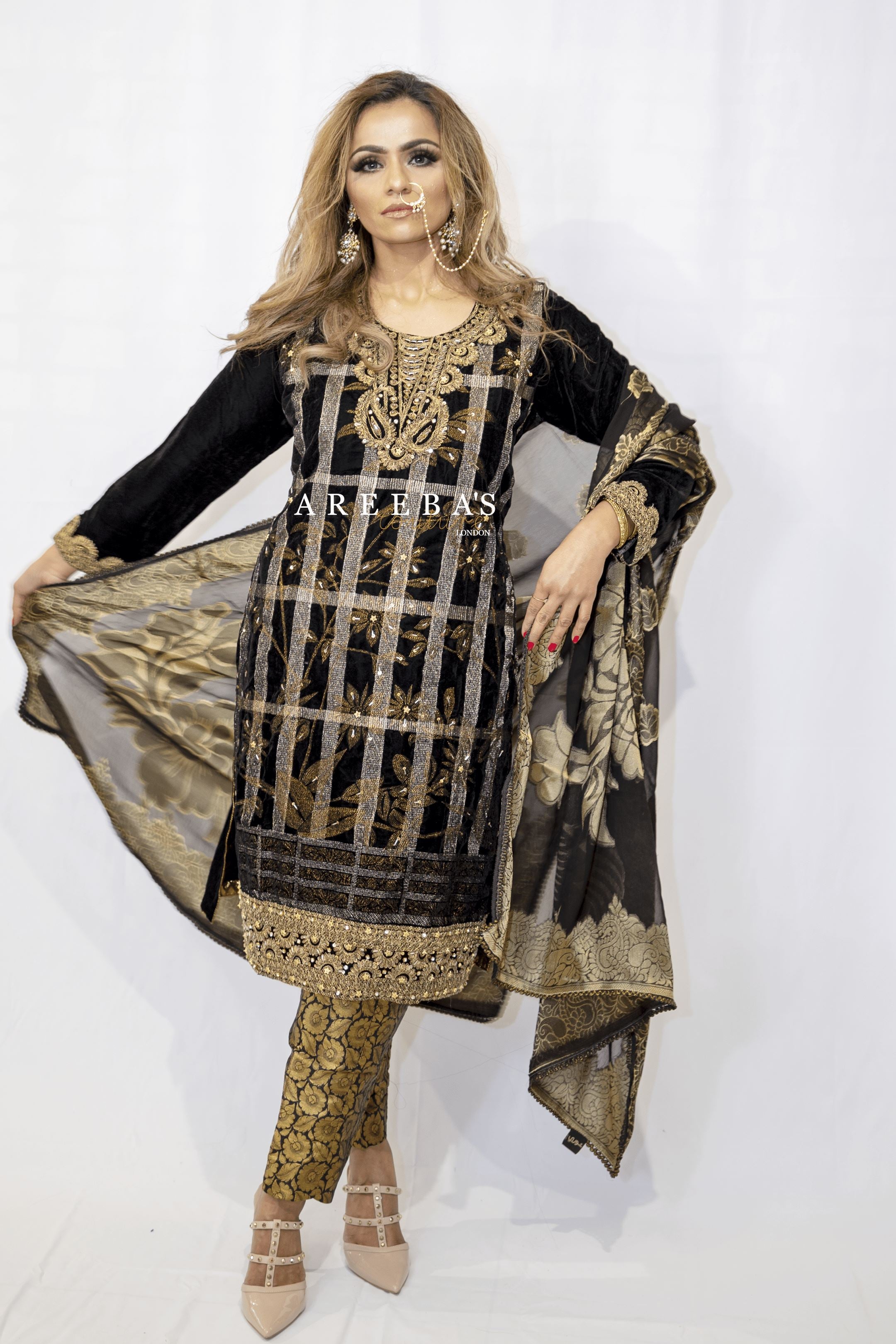 HAND WORK BLACK EMBROIDERED VELVET 3 PIECE PRET d1- Areeba's Couture