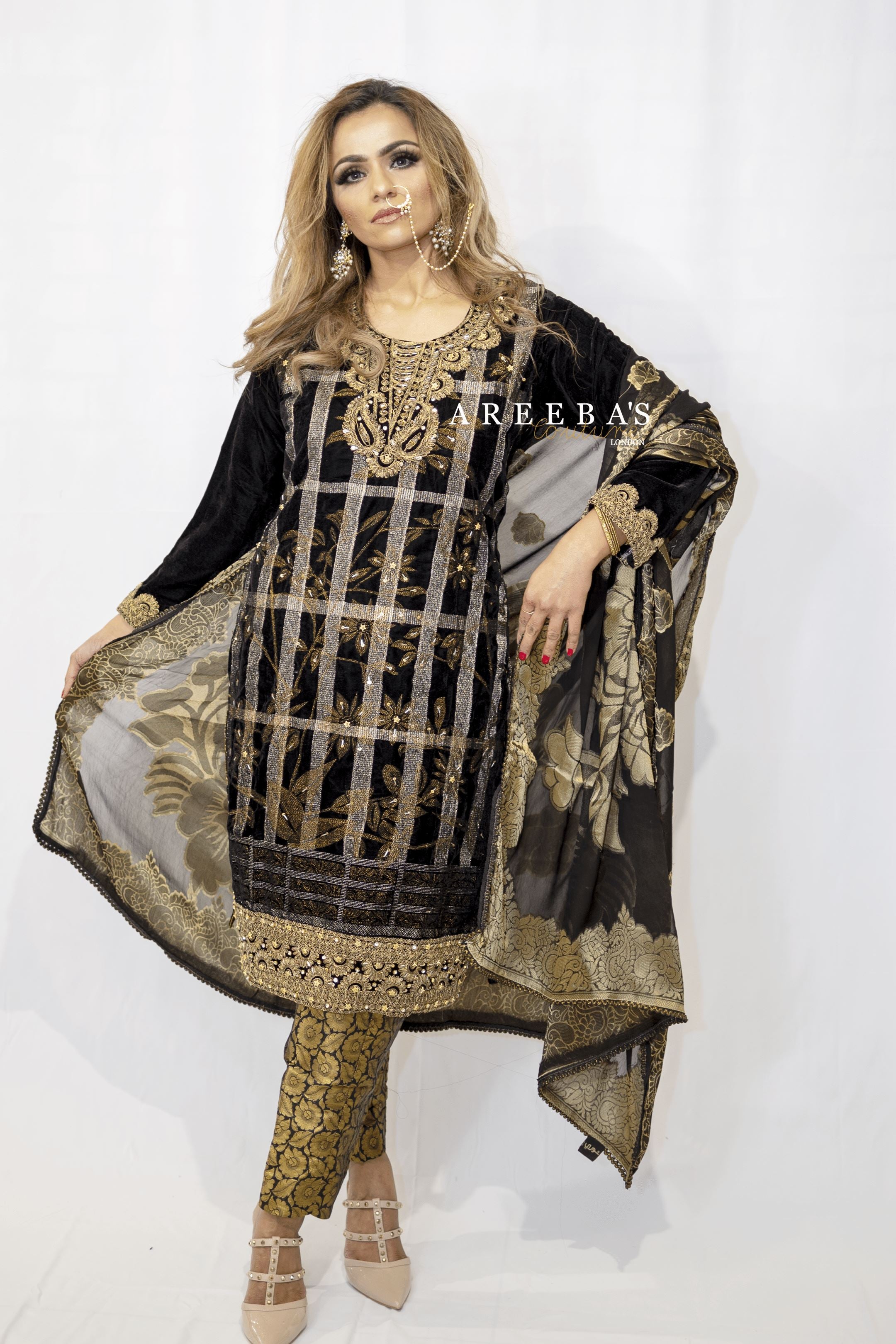 HAND WORK BLACK EMBROIDERED VELVET 3 PIECE PRET d1- Areeba's Couture