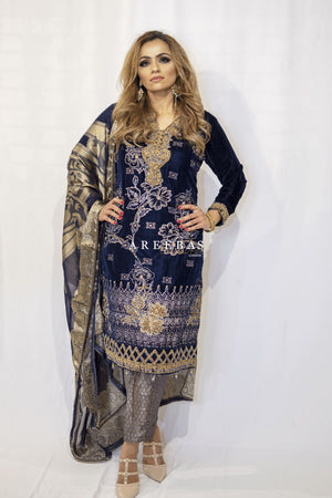 HAND WORK BLUE EMBROIDERED VELVET 3 PIECE PRET d2- Areeba's Couture