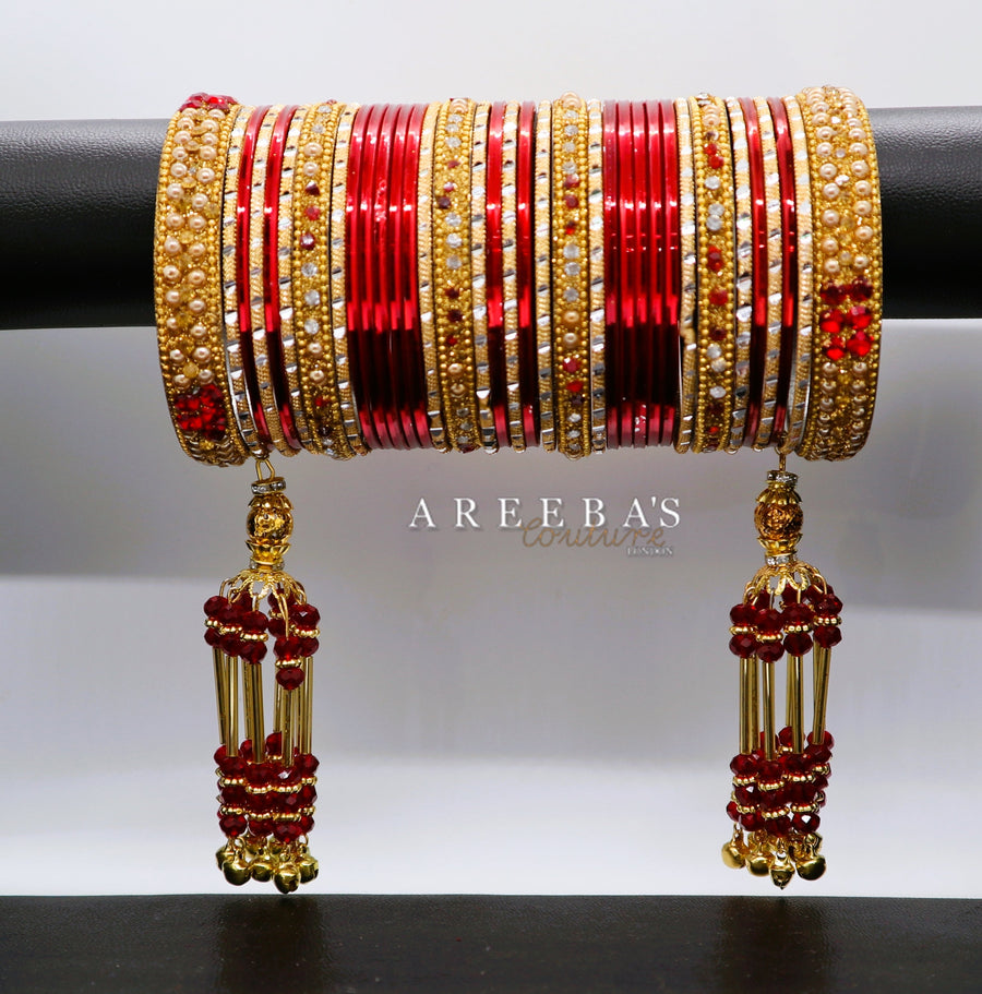 Choorra with Kaleera Red/ Bridal hand hanging with Bangel- Areeba's Couture