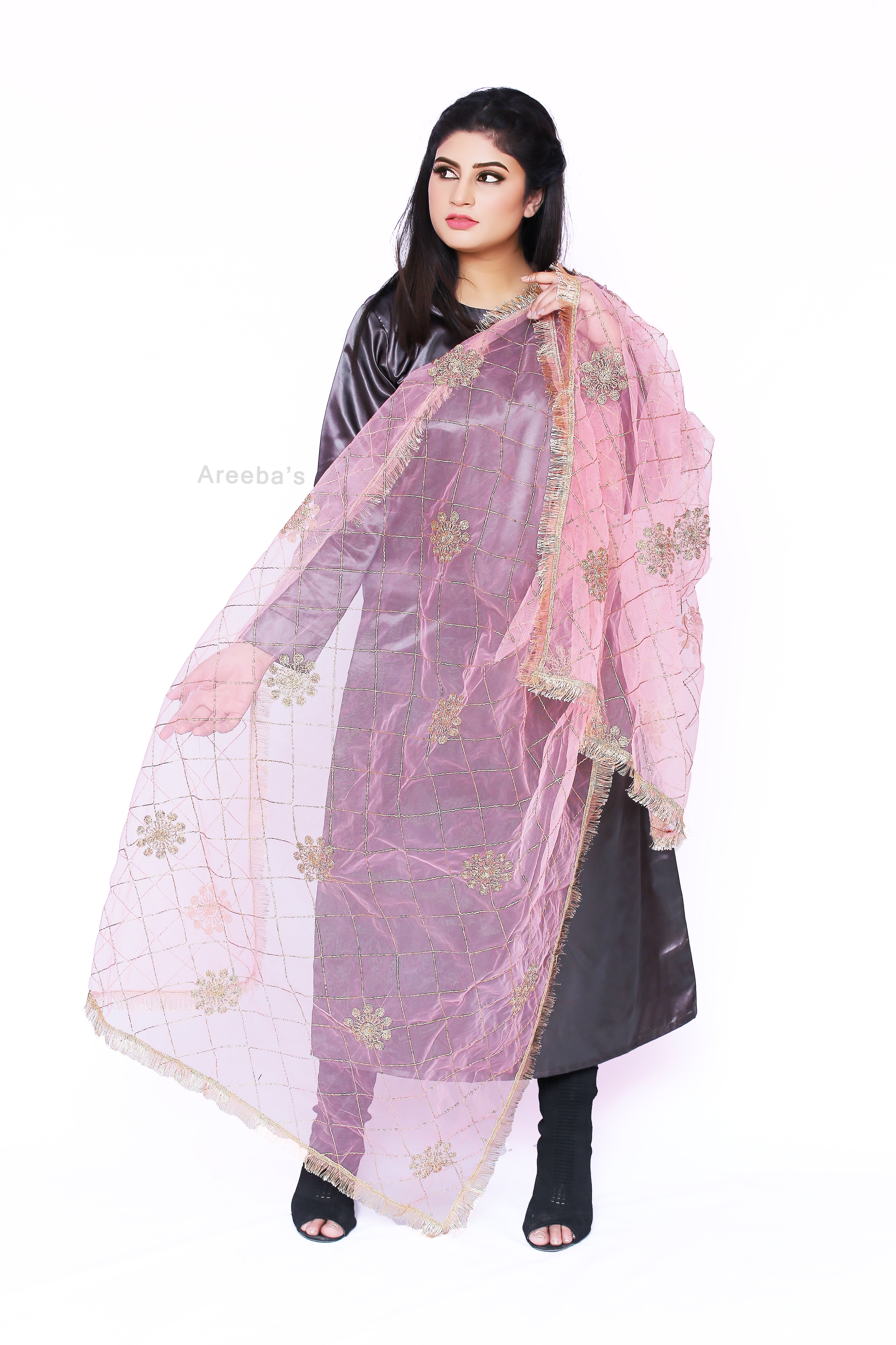 Light Mauve Net dupatta- Areeba's Couture