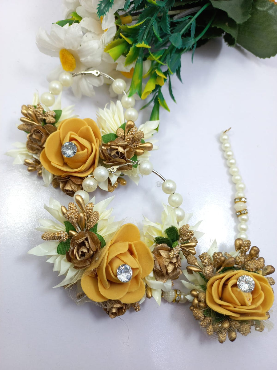 Earing and bindi set yellow & white- Areeba's Couture