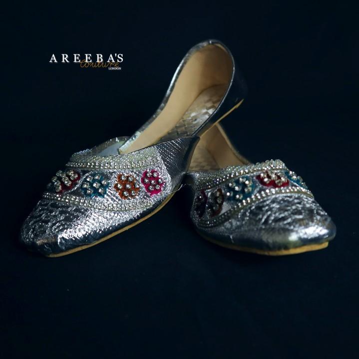 Girls Khussa silver with moti work- Areeba's Couture