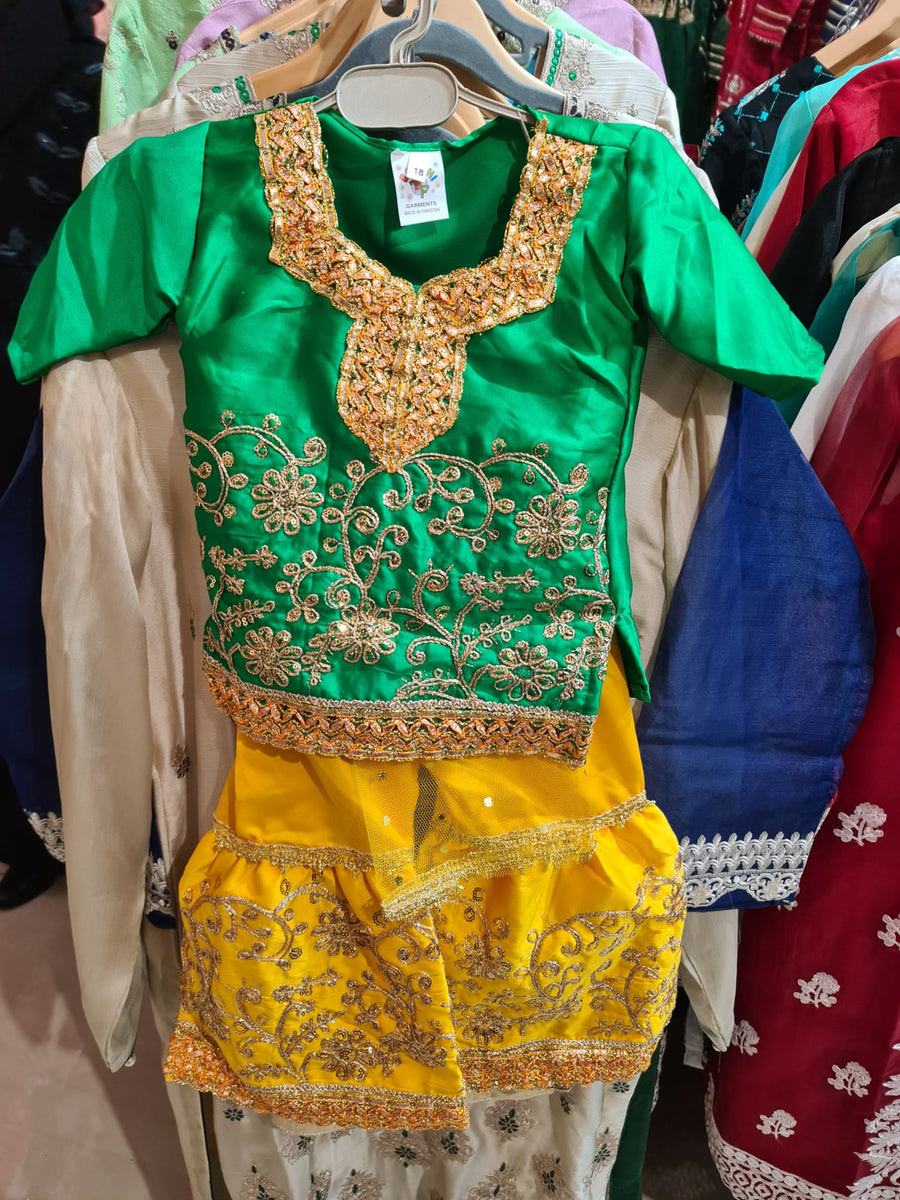 GIRLS MEHNDI OUTFIT Green SHIRT Yellow  SHARARA- Areeba's Couture
