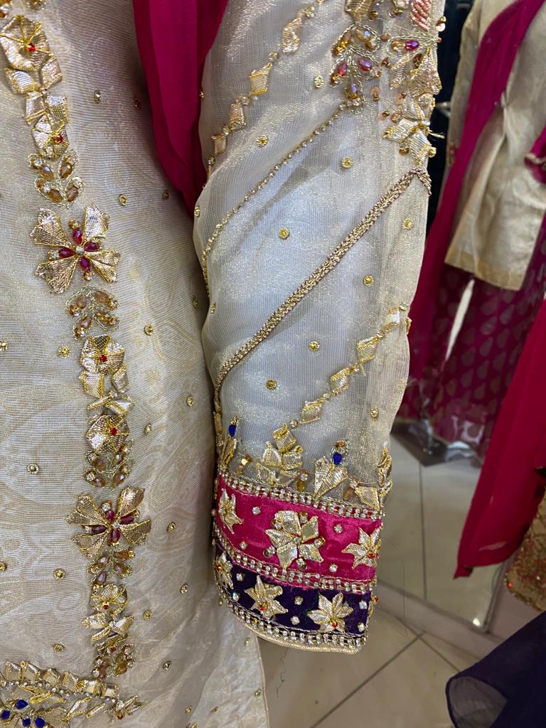 Gota Kinari Mehndi suit with sharara d1- Areeba's Couture