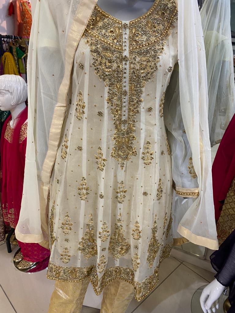 Gota Kinari Mehndi suit with sharara d7- Areeba's Couture