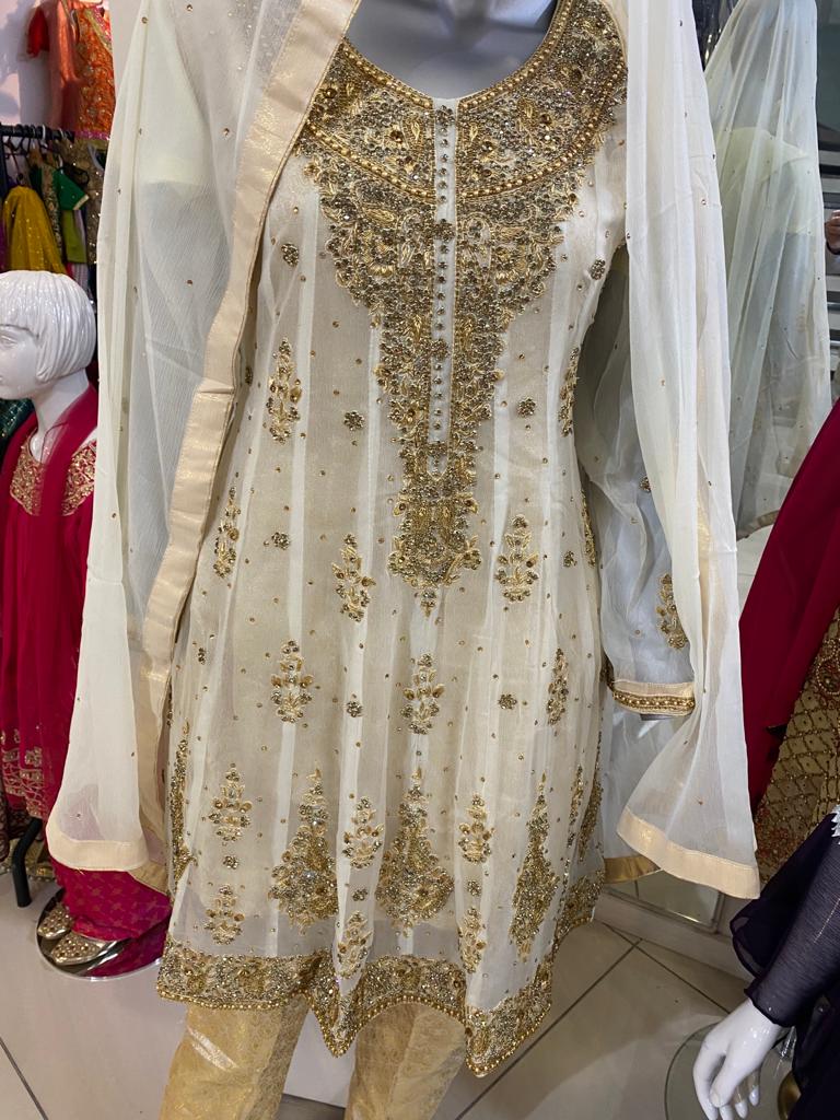 Gota Kinari Mehndi suit with sharara d7- Areeba's Couture