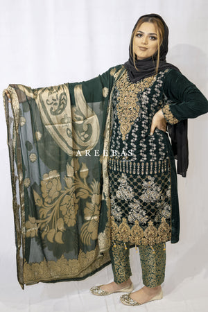 HAND WORK GREEN EMBROIDERED VELVET 3 PIECE PRET d4- Areeba's Couture