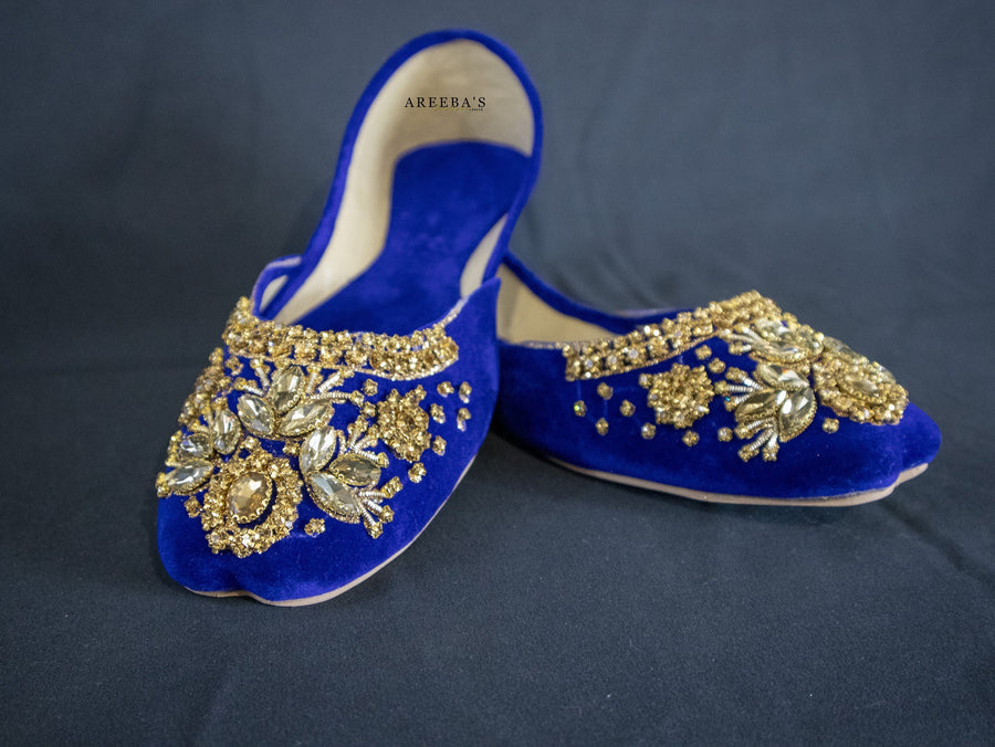 Ladies blue velvet khussa with ornament work- Areeba's Couture
