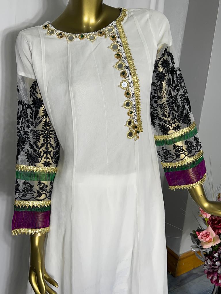Long dress 3 pcs suit on chiffon BCF 22- Areeba's Couture