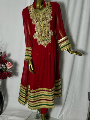 Long dress stone work 3 pcs suit on chiffon BCF 23- Areeba's Couture