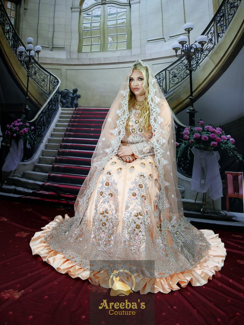 Maria B Peach Lengha choli- Areeba's Couture