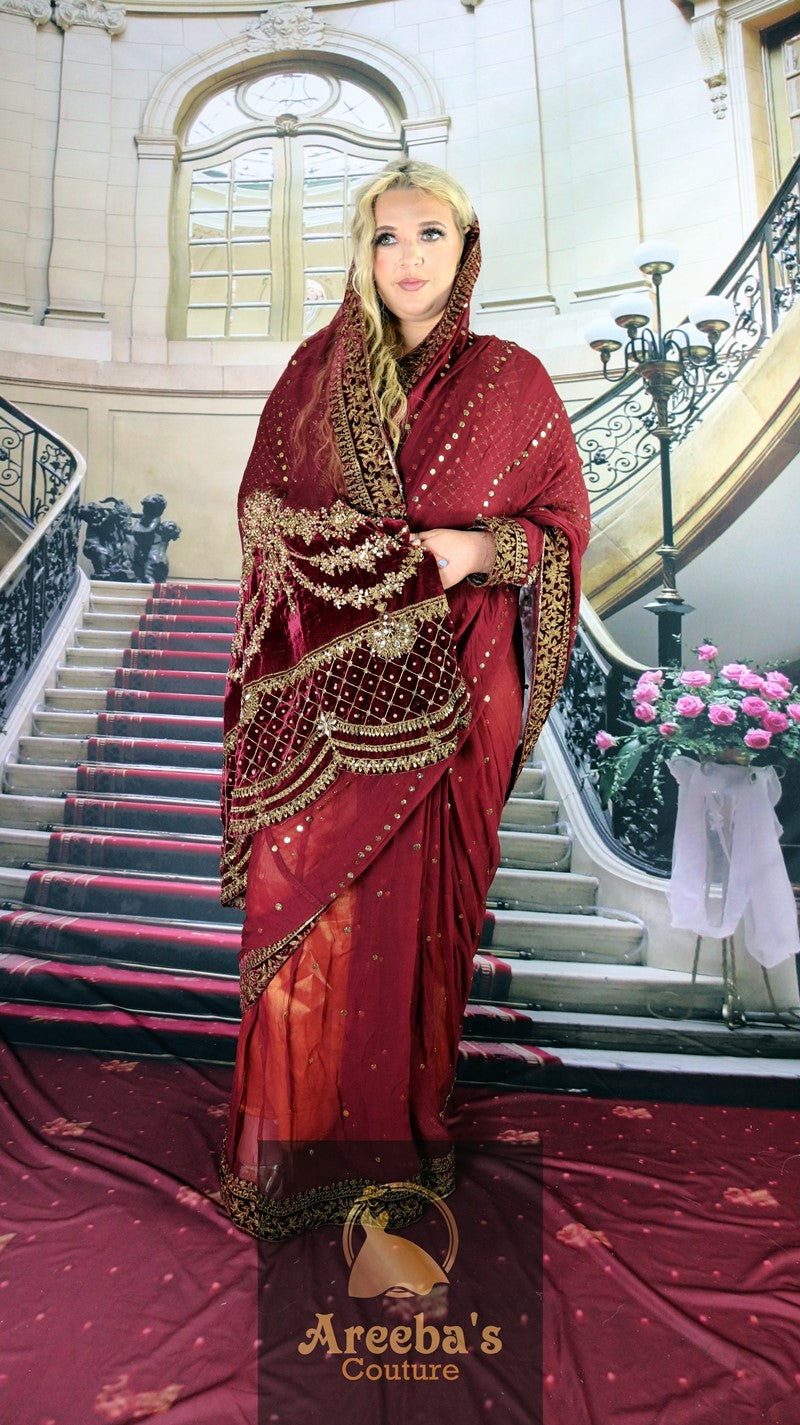 Maria B Velvet saree- Areeba's Couture