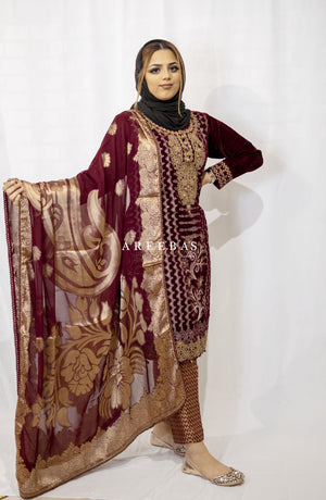 HAND WORK DARK RED EMBROIDERED VELVET 3 PIECE PRET d3- Areeba's Couture