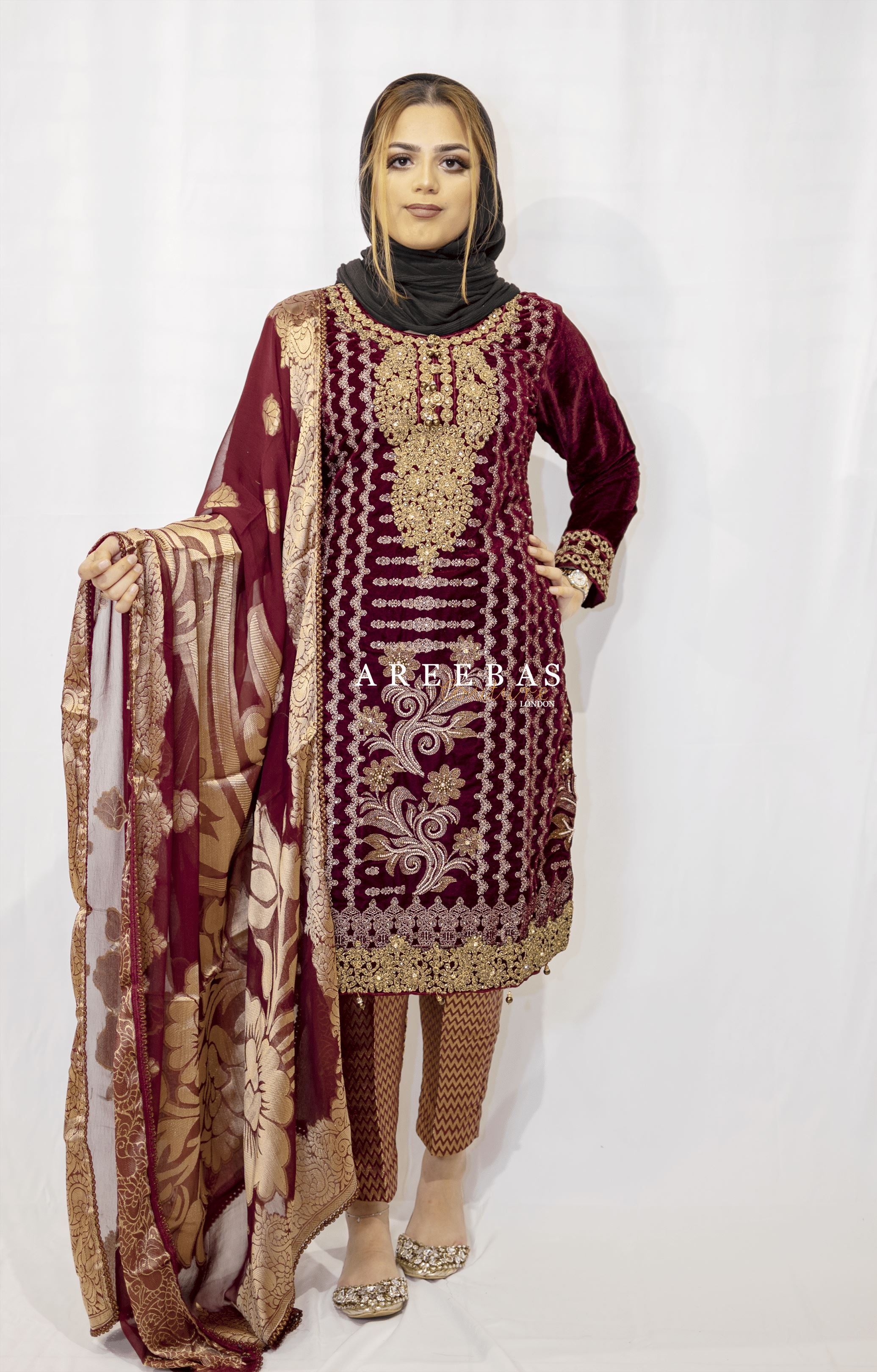 HAND WORK DARK RED EMBROIDERED VELVET 3 PIECE PRET d3- Areeba's Couture