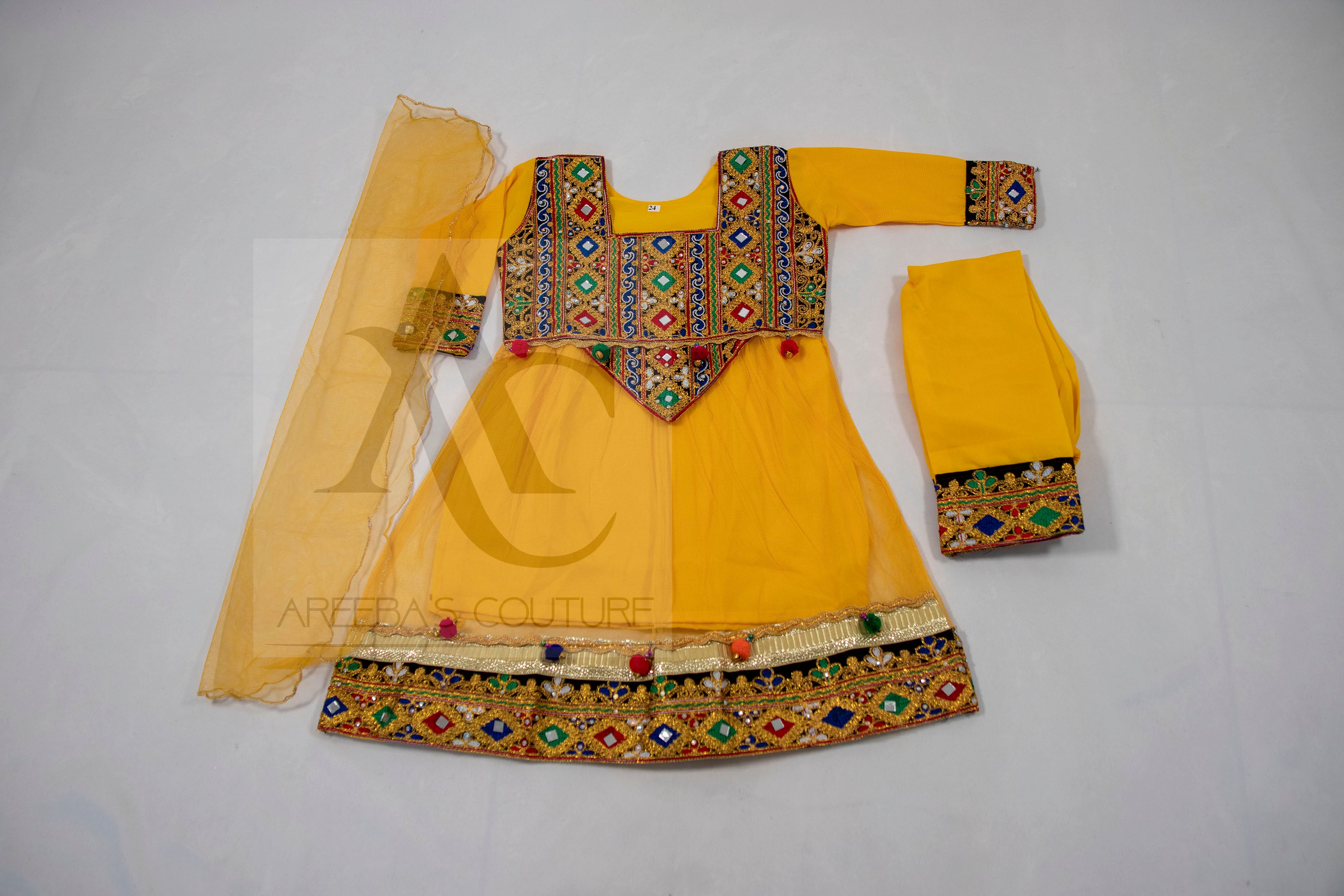 Girls Mehndi yellow frock suit- Areeba's Couture