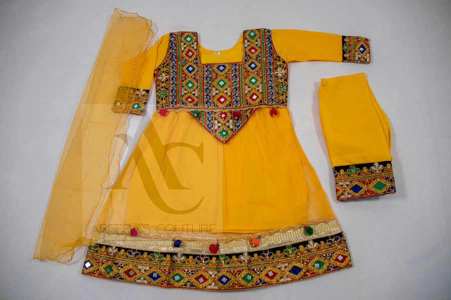 Girls Mehndi yellow frock suit- Areeba's Couture