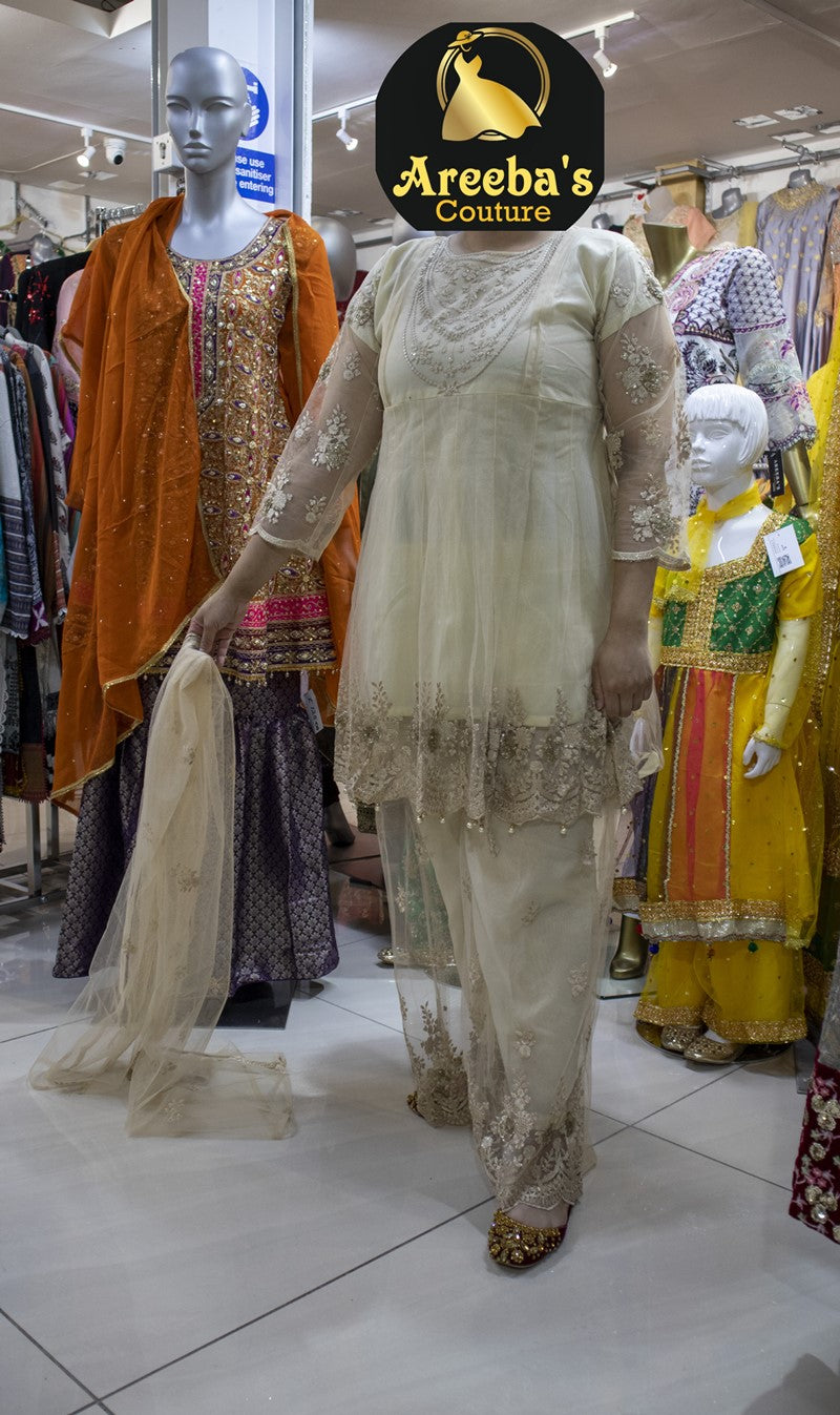 NET FROCK AND PLAZZO BEIGE- Areeba's Couture
