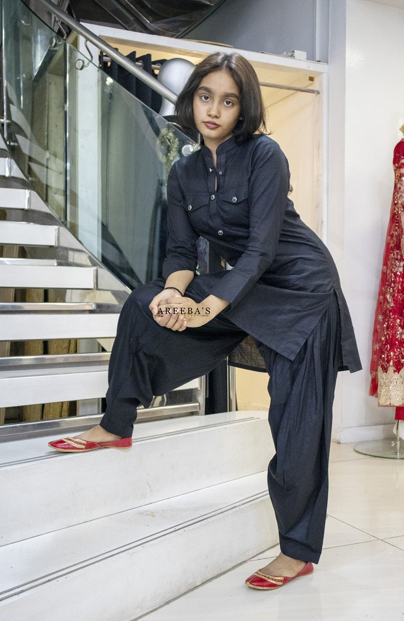 Patiala shalwar and short shirt BLACK- Areeba's Couture