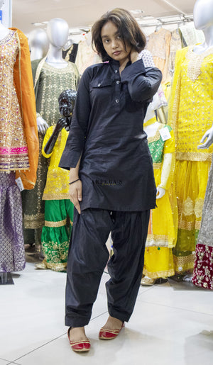 Patiala shalwar and short shirt BLACK- Areeba's Couture