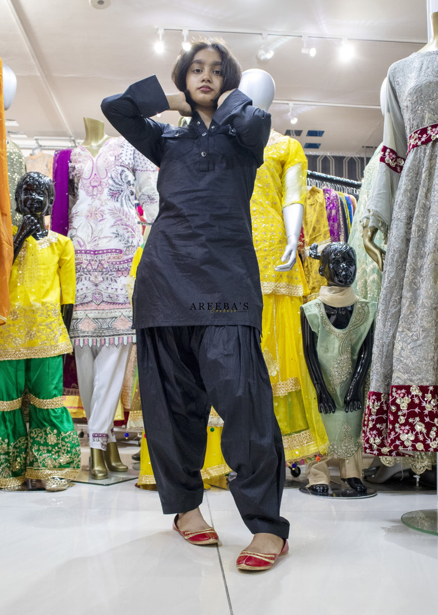 Patiala shalwar and short shirt BLACK- Areeba's Couture