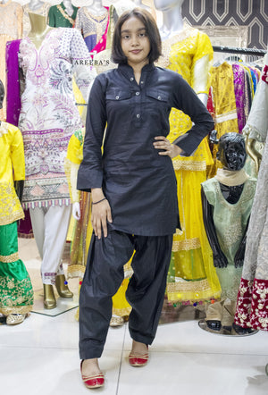 Patiala shalwar and short shirt BLACK- Areeba's Couture