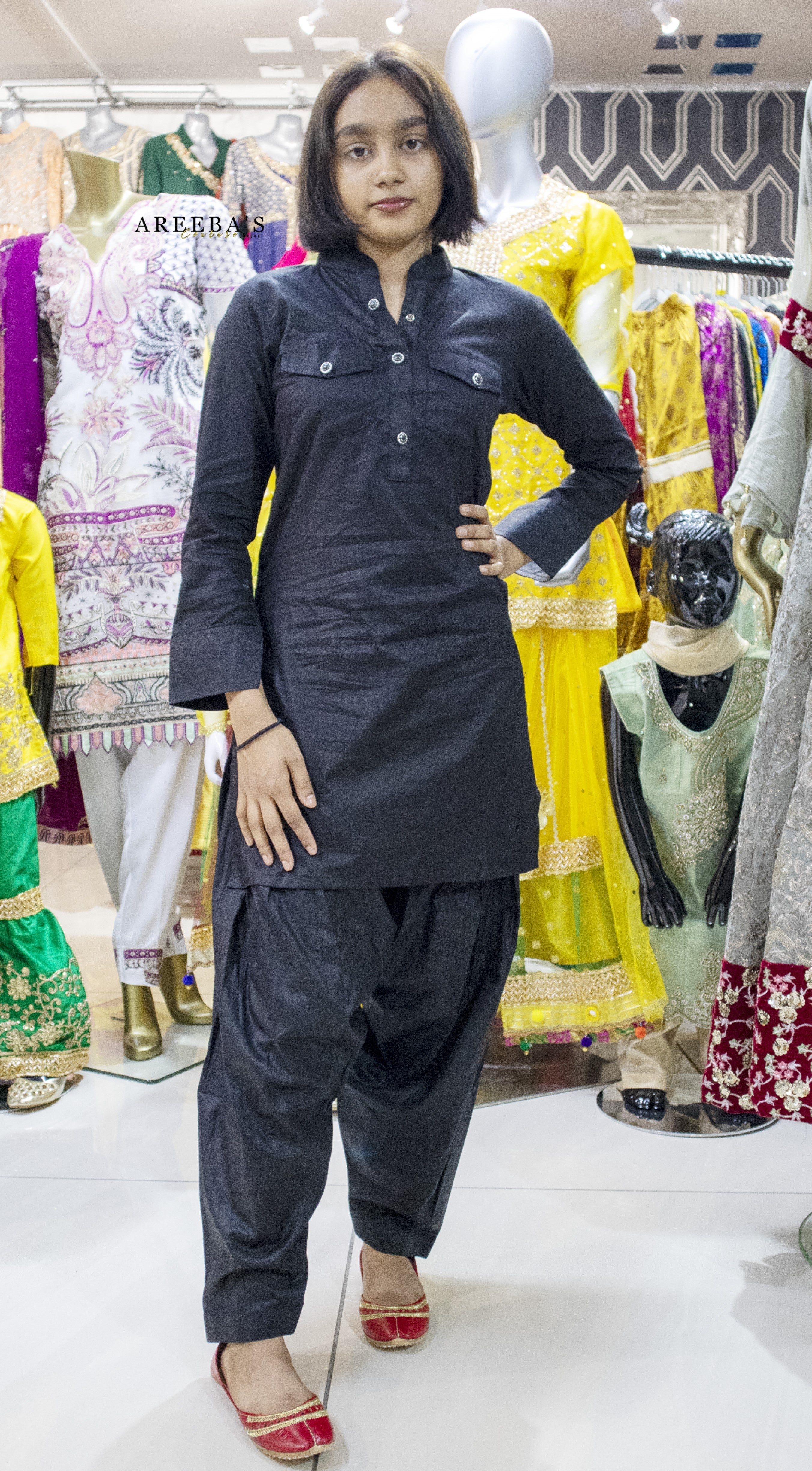 Patiala shalwar and short shirt BLACK- Areeba's Couture