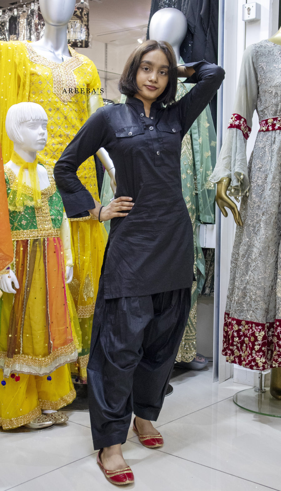 Patiala shalwar and short shirt BLACK- Areeba's Couture