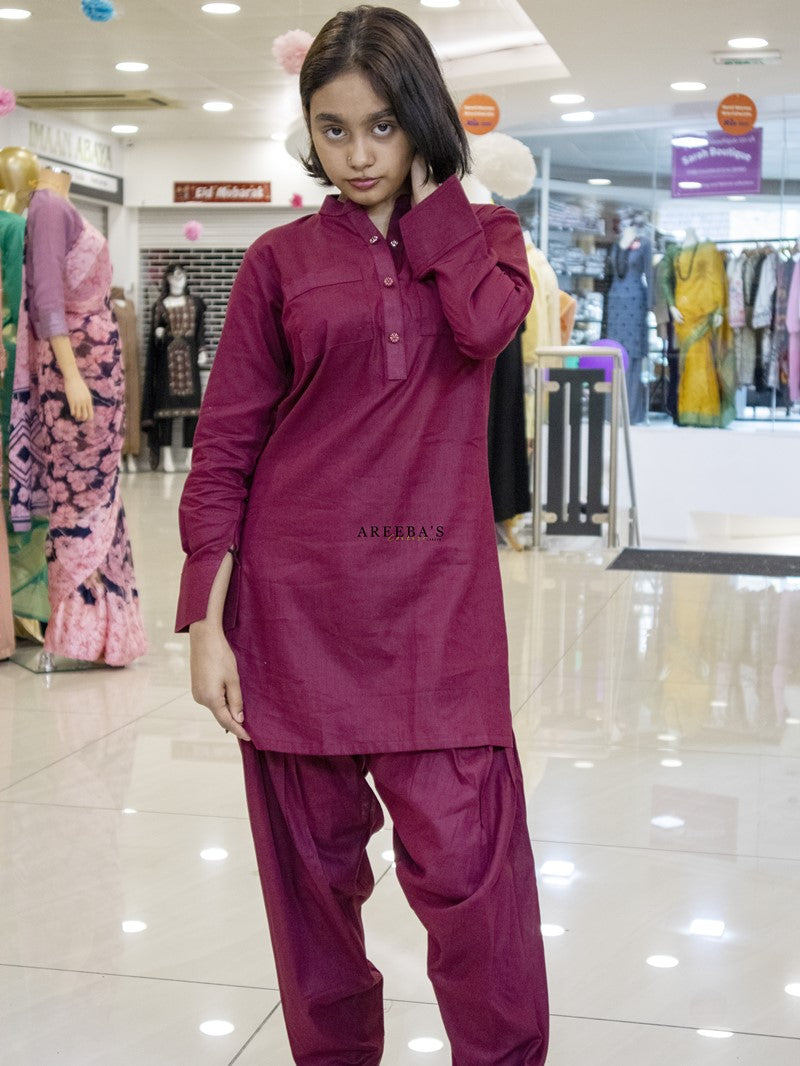 Patiala shalwar and short shirt MAROON- Areeba's Couture