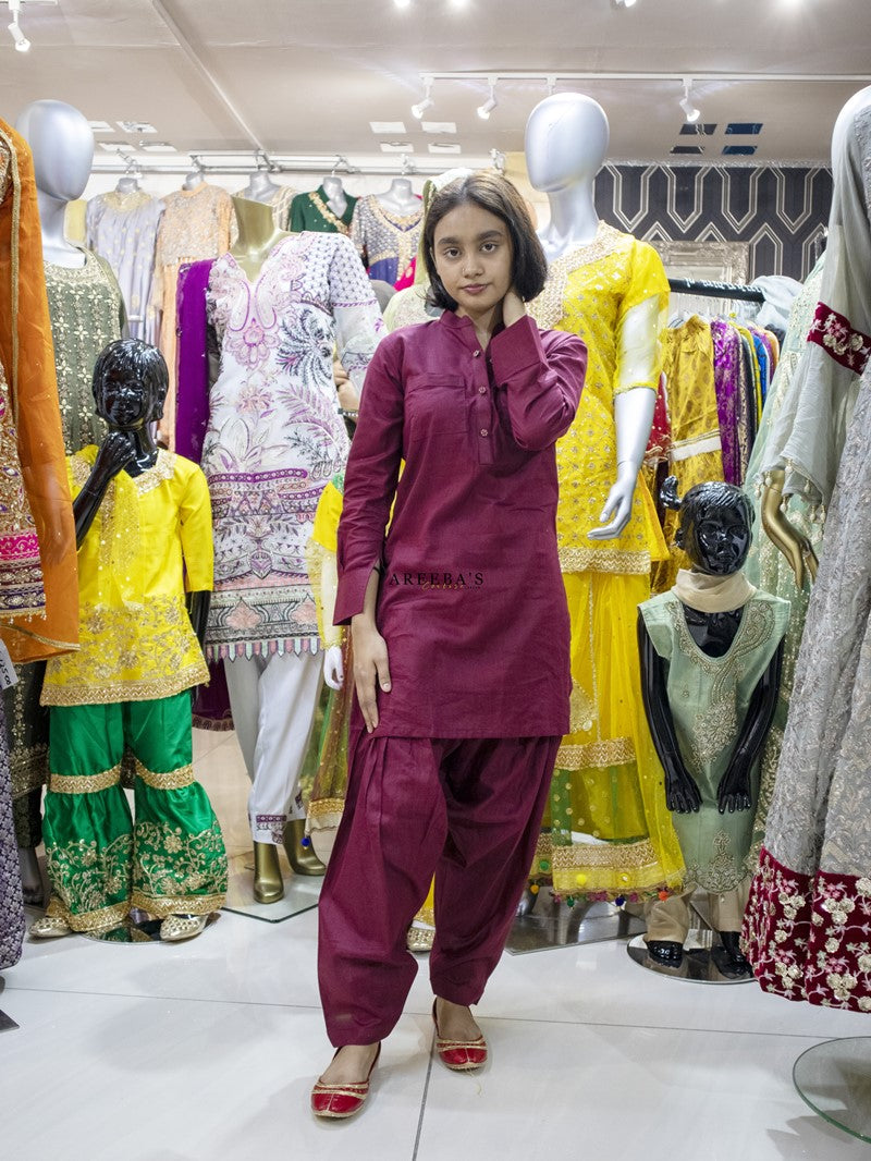 Patiala shalwar and short shirt MAROON- Areeba's Couture