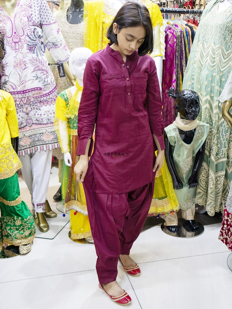 Patiala shalwar and short shirt MAROON- Areeba's Couture