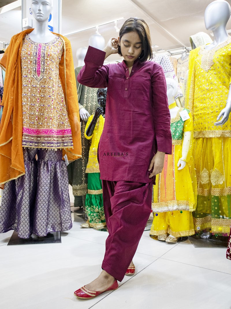 Patiala shalwar and short shirt MAROON- Areeba's Couture