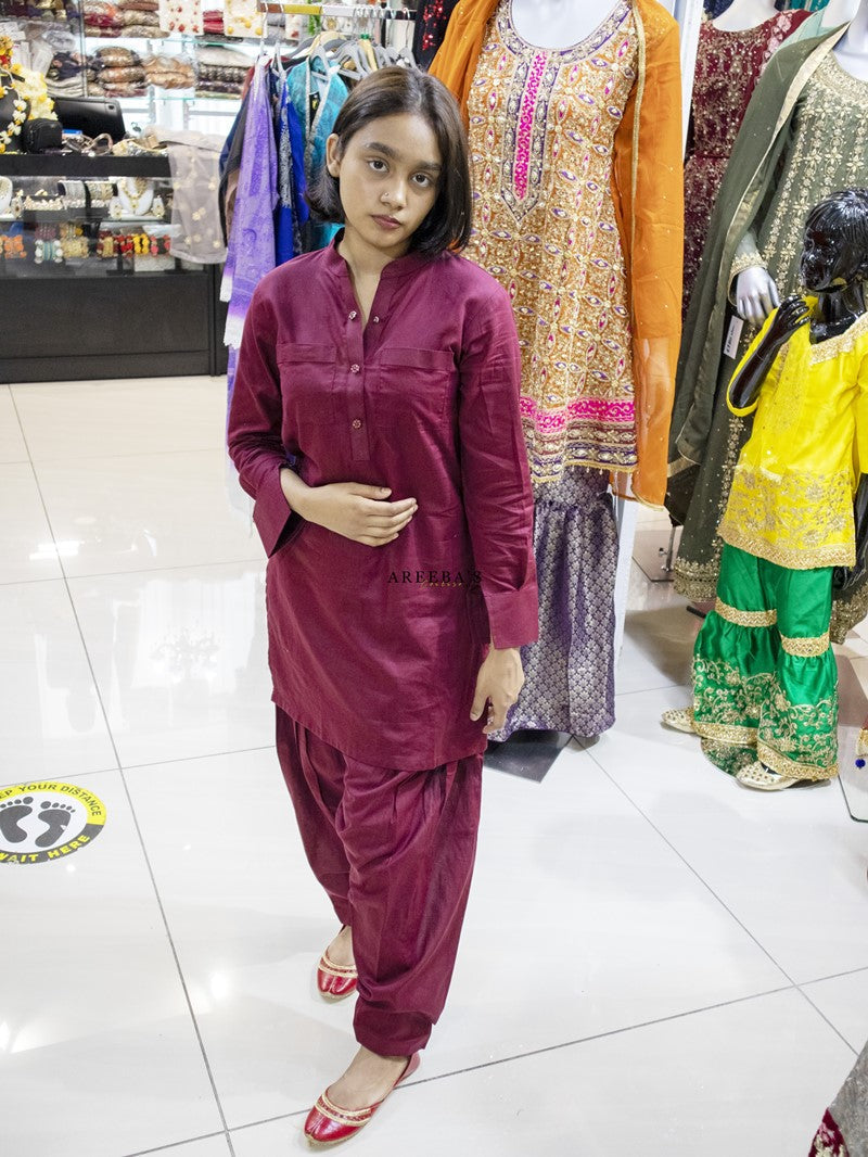 Patiala shalwar and short shirt MAROON- Areeba's Couture