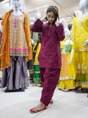 Patiala shalwar and short shirt MAROON- Areeba's Couture