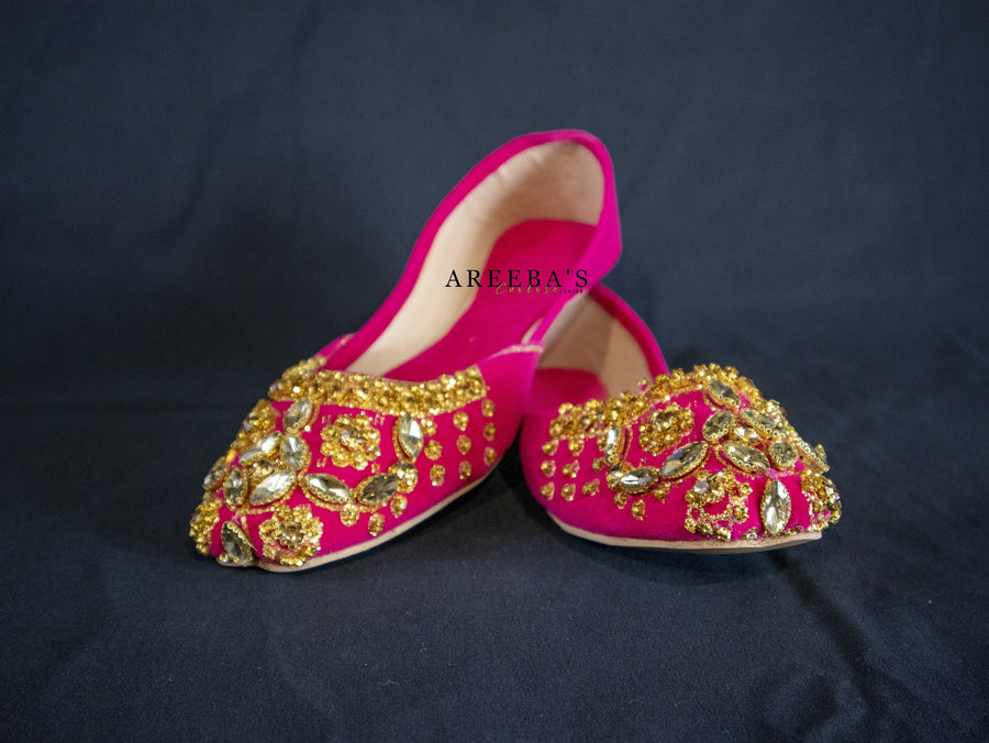 Pink velvet khussa with gem work- Areeba's Couture