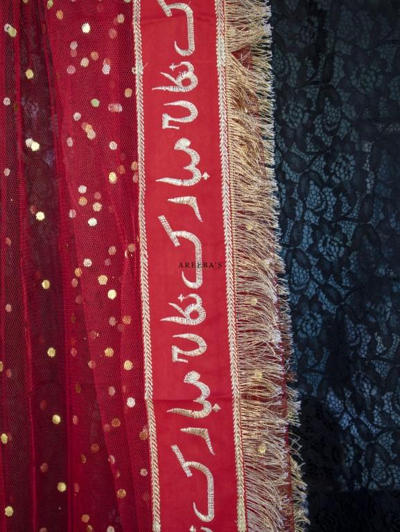 Red Nikkah Mubarek Dupatta- Areeba's Couture