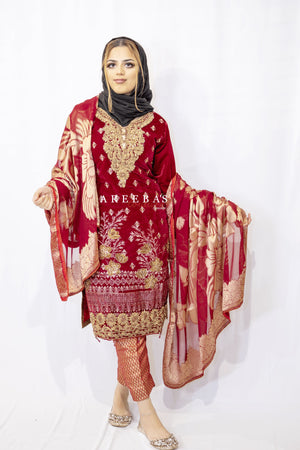 HAND WORK RED EMBROIDERED VELVET 3 PIECE PRET d6- Areeba's Couture