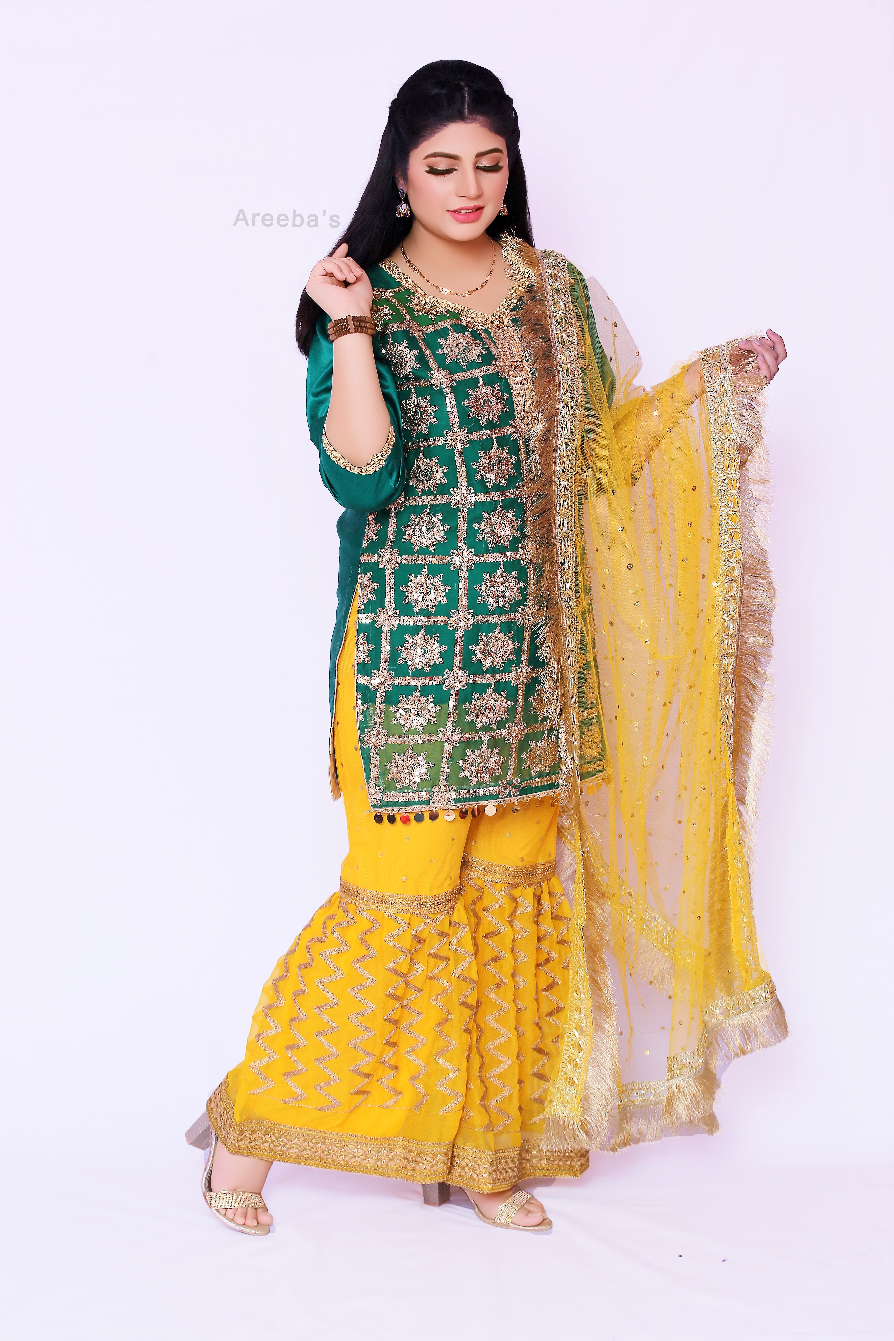 Silk mehndi gharaa suit- Areeba's Couture