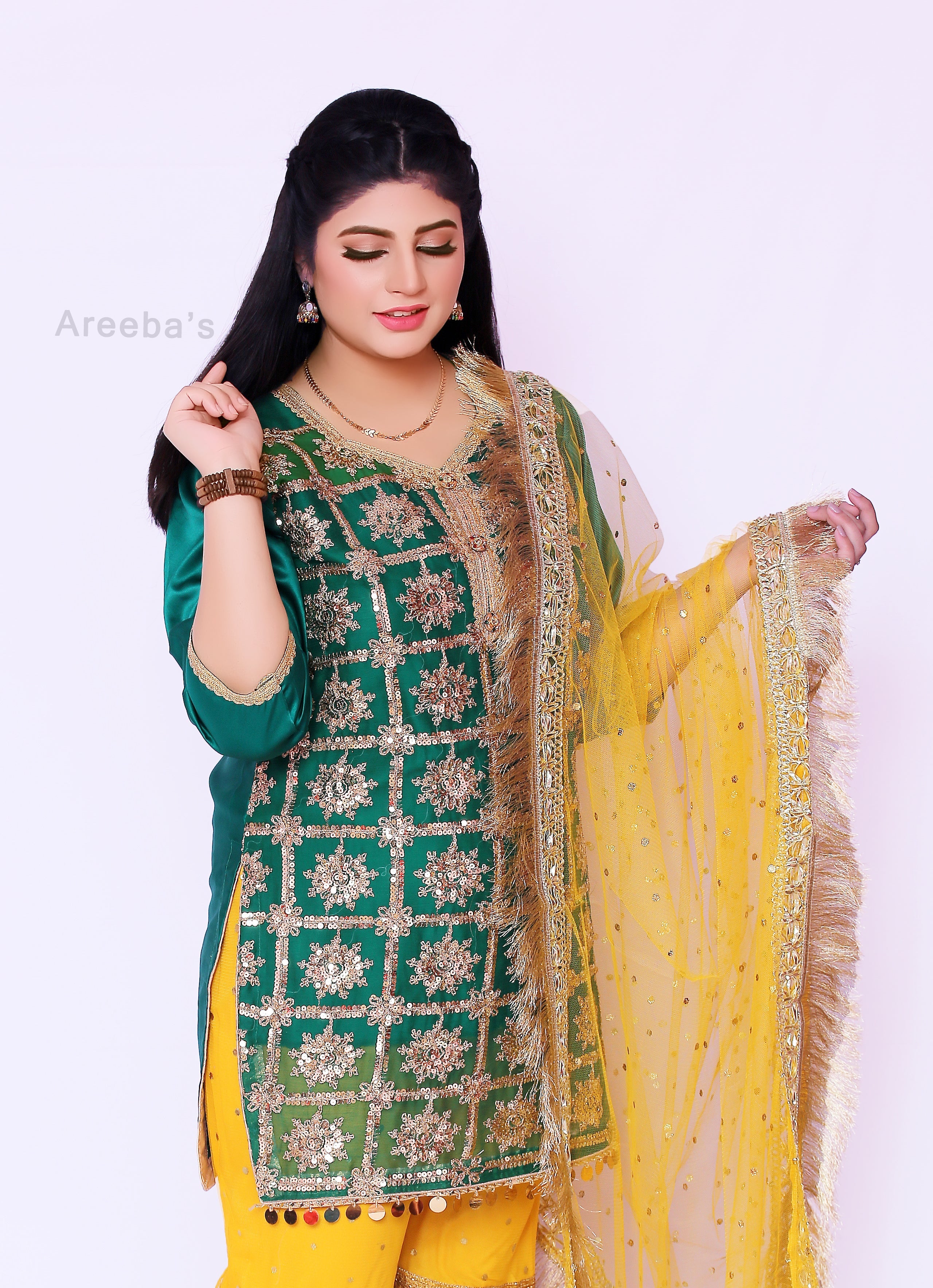 Silk mehndi gharaa suit- Areeba's Couture