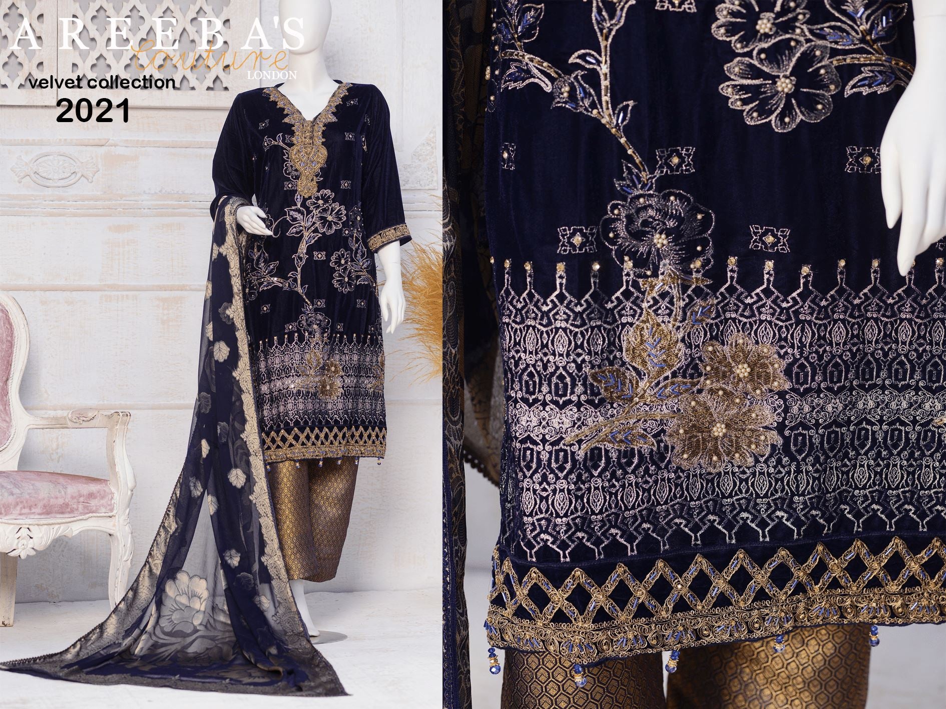 HAND WORK BLUE EMBROIDERED VELVET 3 PIECE PRET d2- Areeba's Couture