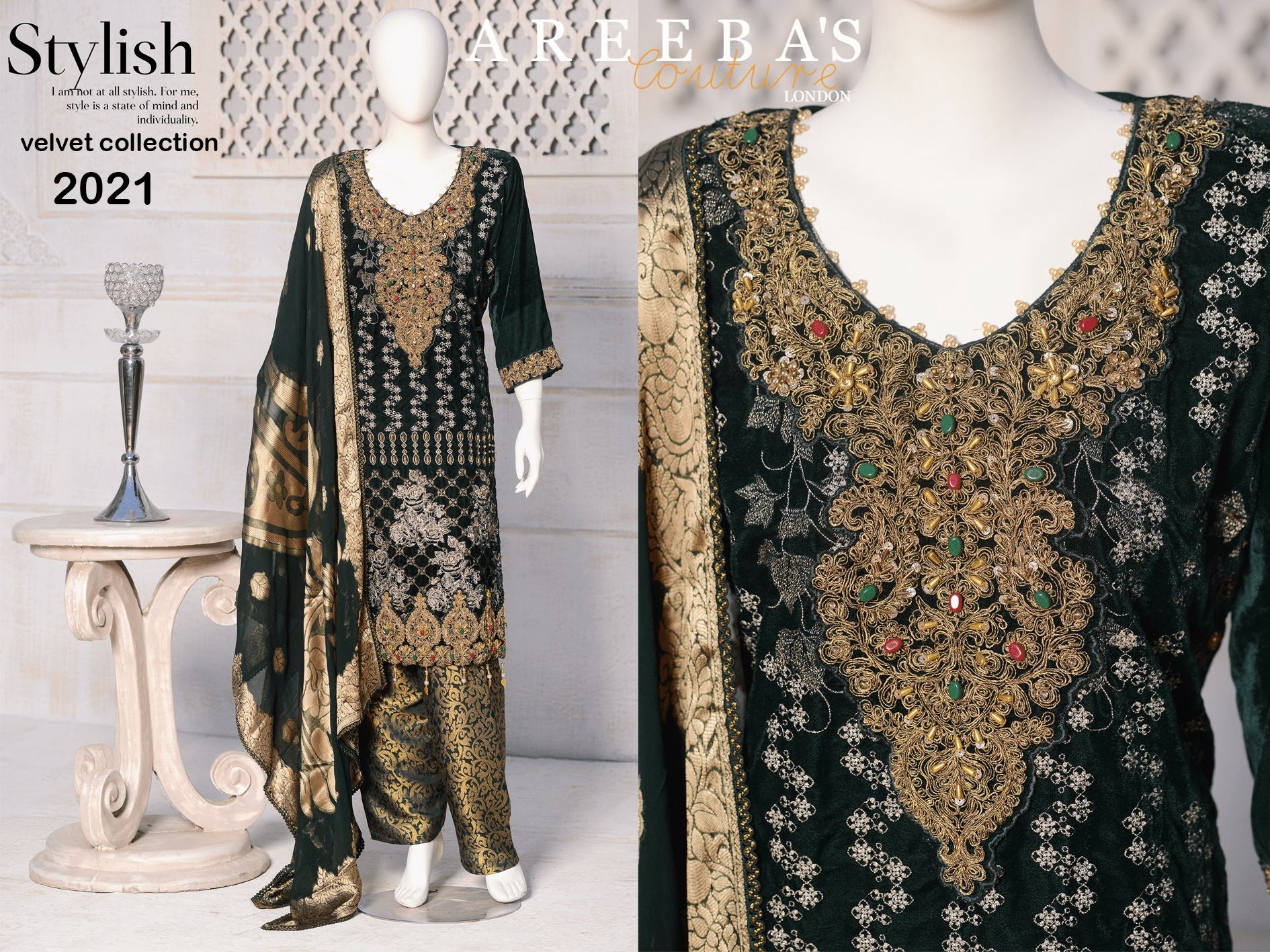 HAND WORK GREEN EMBROIDERED VELVET 3 PIECE PRET d4- Areeba's Couture