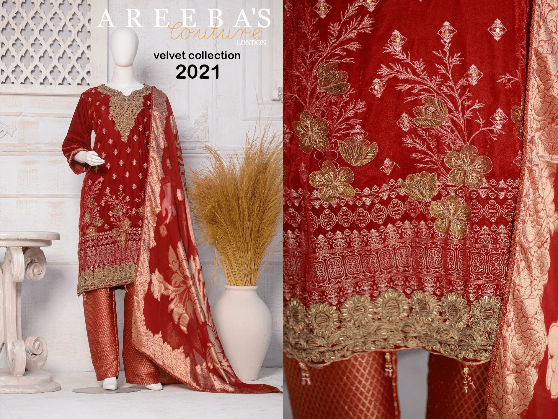 HAND WORK RED EMBROIDERED VELVET 3 PIECE PRET d6- Areeba's Couture